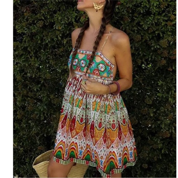 Zara strappy embroidered multi Colorful Bohemian Summer mini  Dress NEW - Picture 1 of 11
